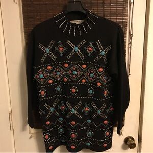 Victoria Jones Women's Southwestern Beaded Mock Neck Tunic Sweater Size Medium